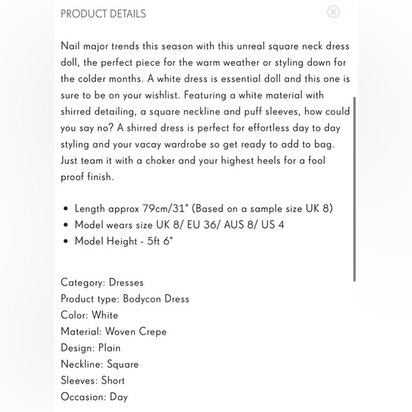 Pretty Little Thing WHITE SQUARE NECK PUFF SLEEVE SMOCK DRESS Size 6 Fits 8 - Picture 4 of 7